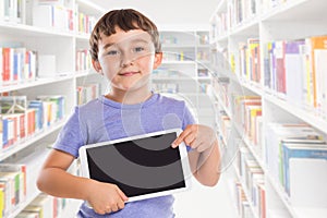 Young boy child pointing at tablet computer library information marketing ad advertising
