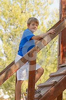 Young boy climbing a ladder on a playground