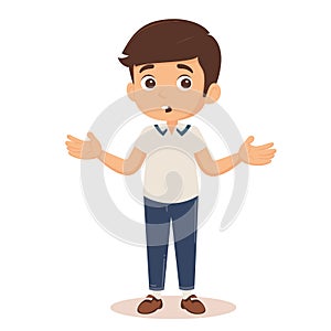 Young boy confused, gesturing unsure, wearing casual clothing. Cartoon kid expressing doubt, brown photo