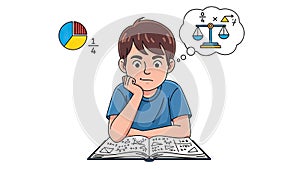 Young Student Deep in Math Problem Solving with Pie Chart and Scales