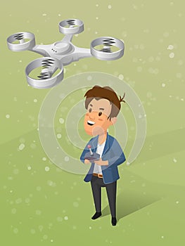 Young boy controling unmanned aerial vechicle quadrocopter. vector illustration