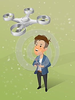 Young boy controling unmanned aerial vechicle quadrocopter. vector illustration photo