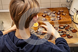 Young boy decorating cookies in the kitchen