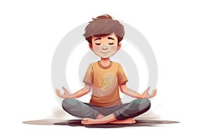 Young boy doing yoga sitting in lotus position isolated on white background. Generative AI