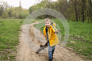 A young boy drags a tree branch along a dirt road in the forest