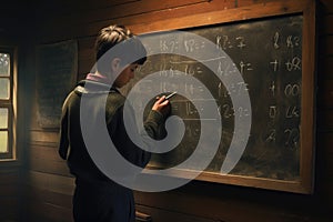 Young boy drawing math formulas on the blackboard. Education concept. A child writing on a chalkboard in a rural schoolhouse, AI