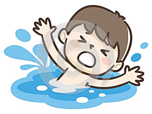 Young boy drowning in water. Emergency situation, accident concept. Vector flat illustration