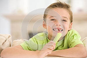 Young boy eating celery in living room