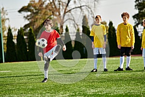 A young boy is energetically kicking