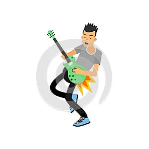 Young boy enjoys playing electric guitar. Rock music guitar player. Cartoon flat style vector illustration isolated on