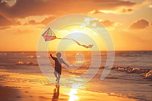 Young Boy Flying Kite on Beach at Sunset