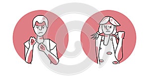 Young boy and girl with angry emotion circle icons, facial expression with hands. Annoyed teenagers, expressing their negative