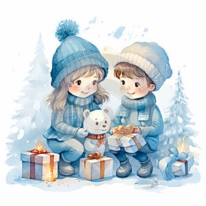 Young boy and girl with gifts in Christmas setting watercolor painting
