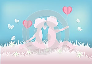 Young boy and girl sitting on meadow with heart paper art style