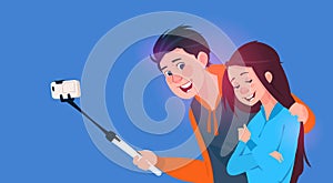 Young Boy And Girl Talking Selfie Photo On Cell Smart Phone With Stick