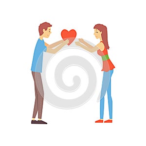 Young boy giving his heart to cute girl. Man and woman attracted to each other. Love chat promo concept. Vector