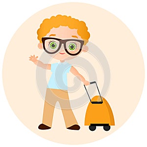 Young Boy with glasses and packsack travel. Travelling with the knapsack. Vector illustration eps 10 isolated on white background.