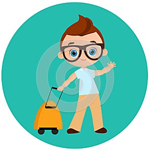 Young Boy with glasses and packsack travel. Travelling with the knapsack. Vector illustration eps 10 isolated on white background.