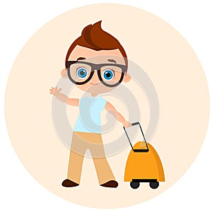 Young Boy with glasses and packsack travel. Travelling with the knapsack. Vector illustration eps 10 isolated on white background.