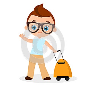 Young Boy with glasses and packsack travel. Travelling with the knapsack. Vector illustration eps 10 isolated on white background.