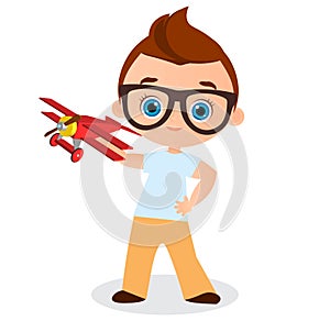 Young Boy with glasses and toy plane. Boy playing with airplane. Vector illustration eps 10 isolated on white background. Flat car