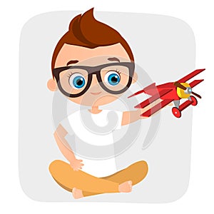 Young Boy with glasses and toy plane. Boy playing with airplane. Vector illustration eps 10 isolated on white background. Flat car