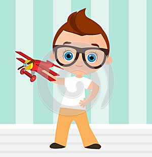 Young Boy with glasses and toy plane. Boy playing with airplane. Vector illustration eps 10 isolated on white background. Flat car