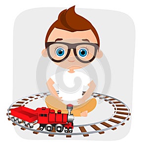 Young Boy with glasses and toy train. Boy playing with train. Vector illustration eps 10 isolated on white background. Flat cartoo