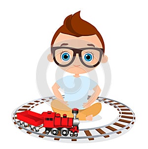 Young Boy with glasses and toy train. Boy playing with train. Vector illustration eps 10 isolated on white background. Flat cartoo