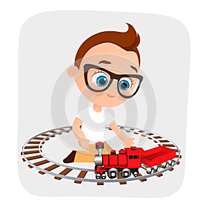 Young Boy with glasses and toy train. Boy playing with train. Vector illustration eps 10 isolated on white background. Flat cartoo