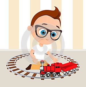 Young Boy with glasses and toy train. Boy playing with train. Vector illustration eps 10 isolated on white background. Flat cartoo