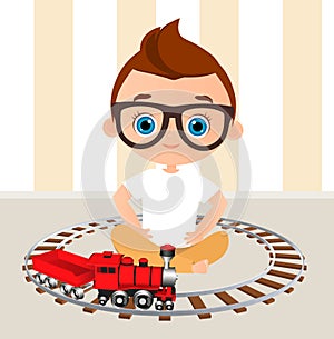 Young Boy with glasses and toy train. Boy playing with train. Vector illustration eps 10 isolated on white background. Flat cartoo