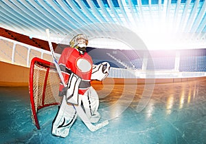 Young boy goaltender with hockey stick on the rink