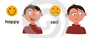 Young boy with good and bad mood. Change in emotions, joy, sadness. Two cartoon characters with different emotions and emoticons.