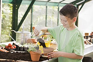 Young boy in greenhouse putting soil in pot