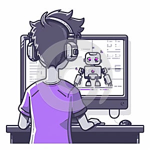 A young boy with headphones programming a robot on his computer.