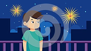 A young boy on his balcony wideeyed with wonder as he watches the magnificent array of fireworks lighting up the night