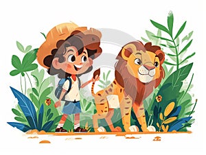 A Young Boy and His Pet Lion Embark on a Jungle Adventure AI Generated photo