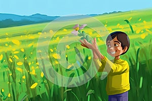 A young boy holding a butterfly in a field of flowers. AI generative image