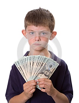 Young Boy Holding Cash Money With Serious Look