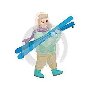 Young boy holding ski and poles in hands. Vector illustration