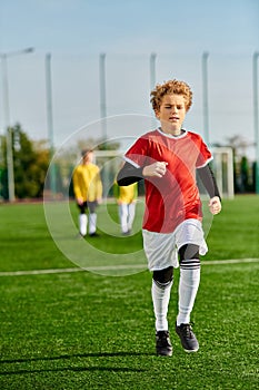 A young boy is joyfully sprinting