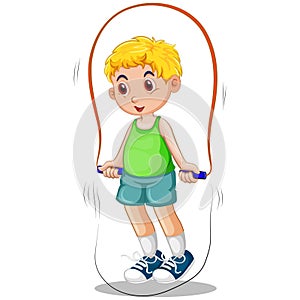 a young boy jumping rope in the air on a white background
