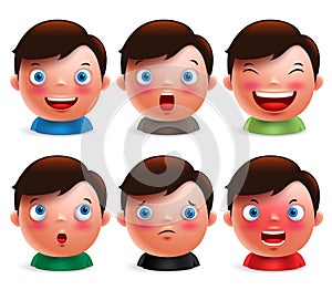 Young boy kid avatar facial expressions set of cute emoticon heads