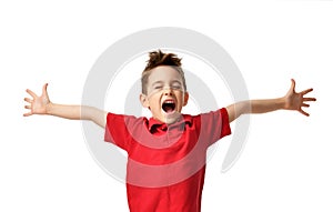 Young boy kid in red polo t-shirt celebrating happy smiling laughing with hands spreading