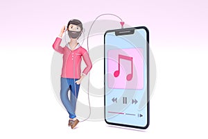 Young boy listening music from smartphone.