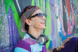 Young boy listening to music