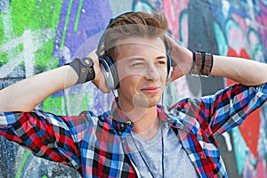 Young boy listening to music