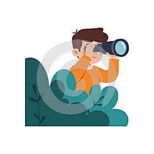 Young boy observing nature through binoculars in flat vector art