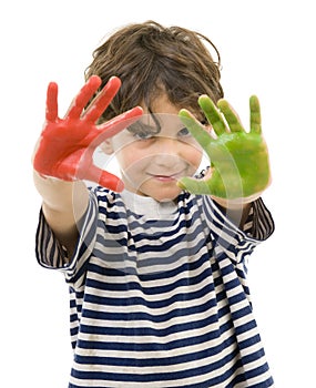 Young boy with painted hands